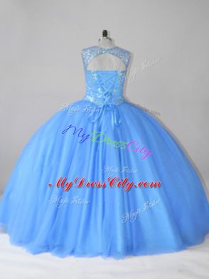 Ball Gowns Quinceanera Dresses Blue Scoop Tulle Sleeveless Floor Length Lace Up