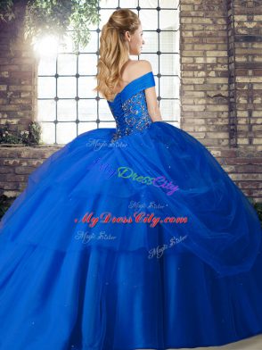 Traditional Off The Shoulder Sleeveless Brush Train Lace Up Quinceanera Gowns Royal Blue Tulle