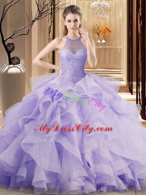 Sexy Beading and Ruffles Quince Ball Gowns Lavender Lace Up Sleeveless Sweep Train