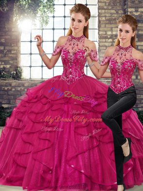 Best Selling Floor Length Fuchsia Vestidos de Quinceanera Tulle Sleeveless Beading and Ruffles