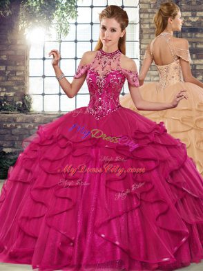 Best Selling Floor Length Fuchsia Vestidos de Quinceanera Tulle Sleeveless Beading and Ruffles