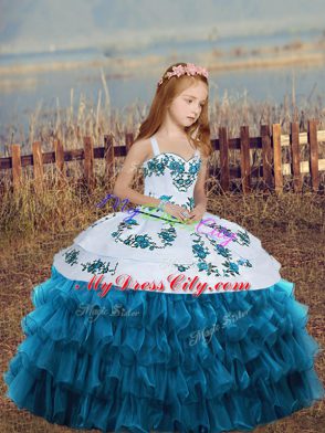 Graceful Floor Length Blue Kids Pageant Dress Sleeveless Embroidery and Ruffled Layers