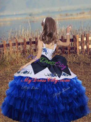 Graceful Floor Length Blue Kids Pageant Dress Sleeveless Embroidery and Ruffled Layers