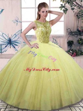 Popular Yellow Green Scoop Neckline Beading Quinceanera Dress Sleeveless Lace Up