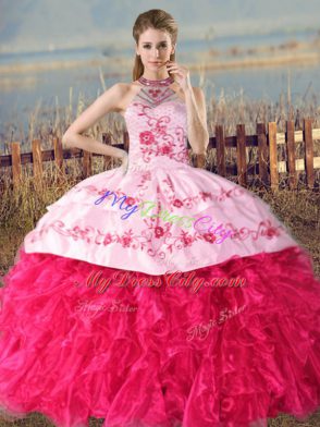 Perfect Sleeveless Court Train Embroidery and Ruffles Lace Up Quinceanera Gown
