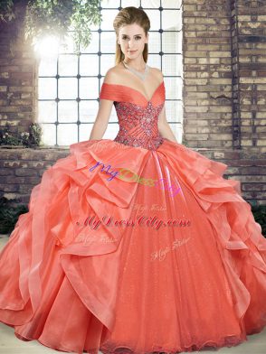 Orange Red Ball Gowns Organza Off The Shoulder Sleeveless Beading and Ruffles Floor Length Lace Up 15 Quinceanera Dress