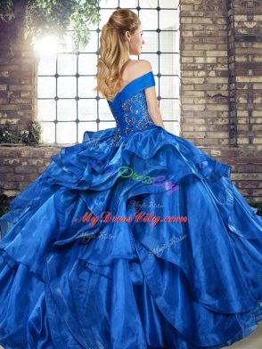 Orange Red Ball Gowns Organza Off The Shoulder Sleeveless Beading and Ruffles Floor Length Lace Up 15 Quinceanera Dress