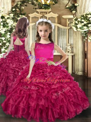 Sleeveless Floor Length Ruffles Lace Up Pageant Dress for Girls with Fuchsia