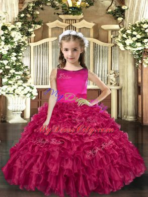 Sleeveless Floor Length Ruffles Lace Up Pageant Dress for Girls with Fuchsia