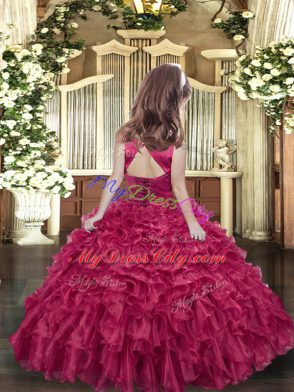 Sleeveless Floor Length Ruffles Lace Up Pageant Dress for Girls with Fuchsia
