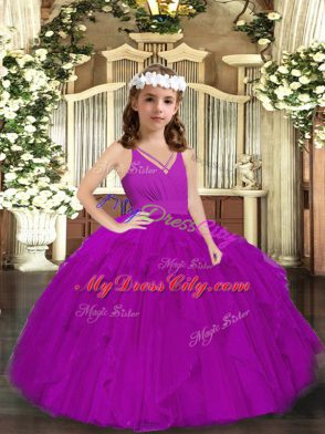 Popular Purple Ball Gowns Ruffles Pageant Dress for Teens Zipper Tulle Sleeveless Floor Length
