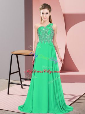 Hot Sale Empire Prom Dress Turquoise One Shoulder Chiffon Sleeveless Floor Length Side Zipper