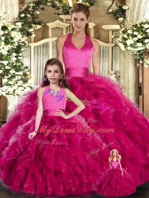 Fantastic Fuchsia Ball Gowns Ruffles Quinceanera Dress Lace Up Tulle Sleeveless Floor Length