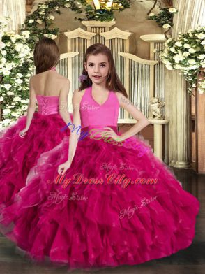 Fantastic Fuchsia Ball Gowns Ruffles Quinceanera Dress Lace Up Tulle Sleeveless Floor Length