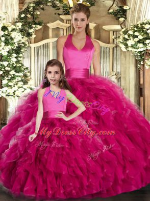 Fantastic Fuchsia Ball Gowns Ruffles Quinceanera Dress Lace Up Tulle Sleeveless Floor Length
