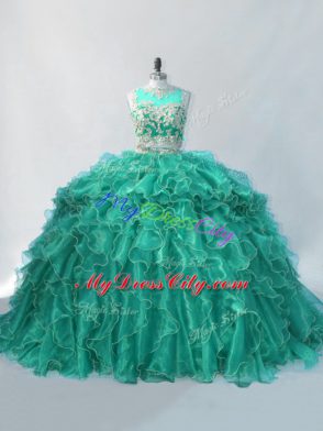 Sleeveless Beading and Ruffles Zipper Sweet 16 Dresses with Turquoise Brush Train