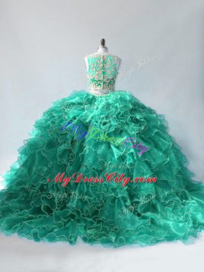 Sleeveless Beading and Ruffles Zipper Sweet 16 Dresses with Turquoise Brush Train