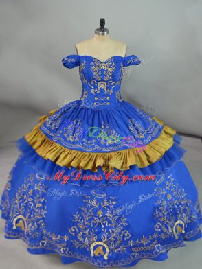 Suitable Blue Ball Gowns Embroidery Sweet 16 Dress Lace Up Satin and Organza Sleeveless Floor Length