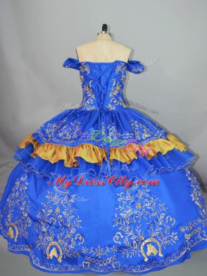 Suitable Blue Ball Gowns Embroidery Sweet 16 Dress Lace Up Satin and Organza Sleeveless Floor Length