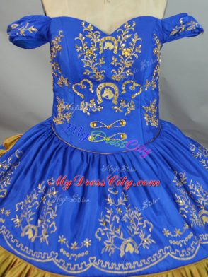 Suitable Blue Ball Gowns Embroidery Sweet 16 Dress Lace Up Satin and Organza Sleeveless Floor Length