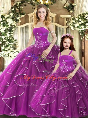 Purple Quinceanera Dresses Sweet 16 and Quinceanera with Beading and Ruffles Strapless Sleeveless Lace Up