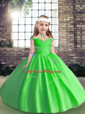 Modern Ball Gowns Straps Sleeveless Tulle Floor Length Lace Up Beading Pageant Gowns