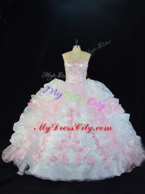 Pink And White Ball Gowns Sweetheart Sleeveless Organza Floor Length Lace Up Beading and Pick Ups Quinceanera Dresses