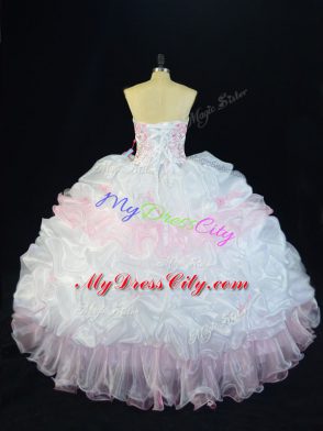 Pink And White Ball Gowns Sweetheart Sleeveless Organza Floor Length Lace Up Beading and Pick Ups Quinceanera Dresses