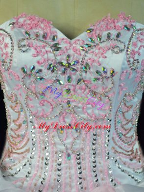 Pink And White Ball Gowns Sweetheart Sleeveless Organza Floor Length Lace Up Beading and Pick Ups Quinceanera Dresses