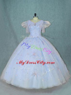 Trendy Short Sleeves Organza Floor Length Zipper 15th Birthday Dress in Light Blue with Beading