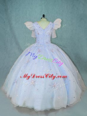 Trendy Short Sleeves Organza Floor Length Zipper 15th Birthday Dress in Light Blue with Beading
