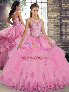 Charming Floor Length Rose Pink Vestidos de Quinceanera Scoop Sleeveless Lace Up