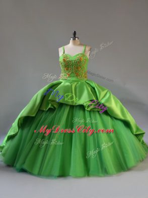 Popular Green Straps Lace Up Beading and Embroidery and Pick Ups 15 Quinceanera Dress Court Train Sleeveless
