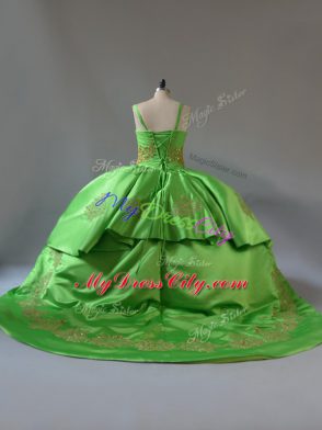Popular Green Straps Lace Up Beading and Embroidery and Pick Ups 15 Quinceanera Dress Court Train Sleeveless