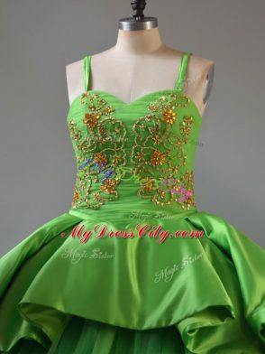 Popular Green Straps Lace Up Beading and Embroidery and Pick Ups 15 Quinceanera Dress Court Train Sleeveless