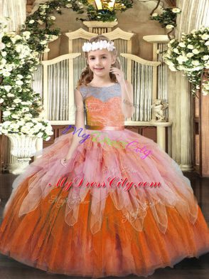 Glorious Multi-color Tulle Lace Up Little Girls Pageant Dress Sleeveless Floor Length Lace and Ruffles