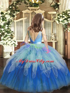 Glorious Multi-color Tulle Lace Up Little Girls Pageant Dress Sleeveless Floor Length Lace and Ruffles