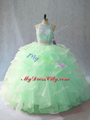Best Apple Green Halter Top Neckline Beading and Ruffles Sweet 16 Quinceanera Dress Sleeveless Backless