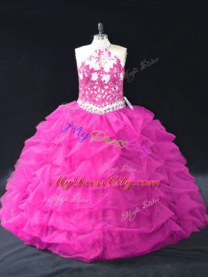 Dazzling Fuchsia Ball Gowns Halter Top Sleeveless Organza Floor Length Backless Beading and Lace and Pick Ups Quinceanera Dress