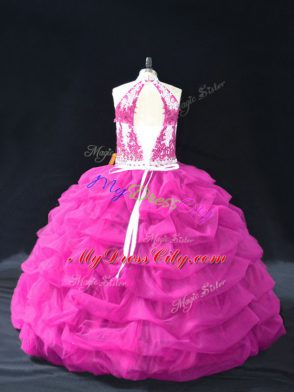 Dazzling Fuchsia Ball Gowns Halter Top Sleeveless Organza Floor Length Backless Beading and Lace and Pick Ups Quinceanera Dress
