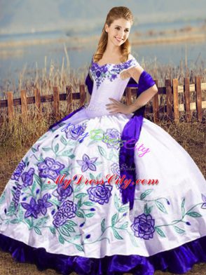 White And Purple Sleeveless Embroidery and Ruffles Floor Length 15th Birthday Dress