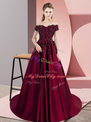 Sleeveless Appliques Zipper Sweet 16 Dresses with Wine Red Court Train