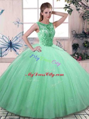 Apple Green Quinceanera Gown Military Ball and Sweet 16 and Quinceanera with Beading Scoop Sleeveless Lace Up