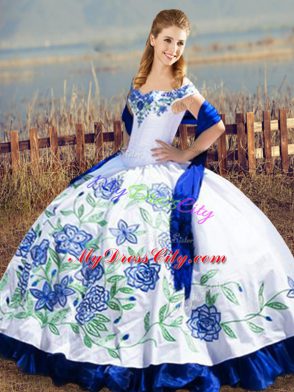 Attractive Blue And White Sleeveless Satin Lace Up Sweet 16 Dresses for Sweet 16 and Quinceanera