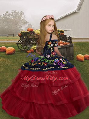 Green Ball Gowns Tulle Straps Sleeveless Embroidery Floor Length Lace Up Child Pageant Dress