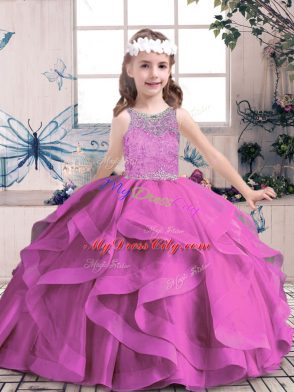 Lilac Scoop Neckline Beading Little Girl Pageant Gowns Sleeveless Lace Up