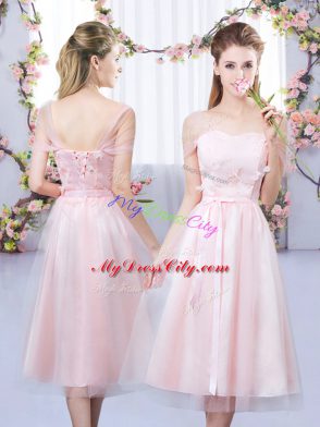 Captivating Short Sleeves Tulle Tea Length Lace Up Quinceanera Court of Honor Dress in Baby Pink with Lace and Belt