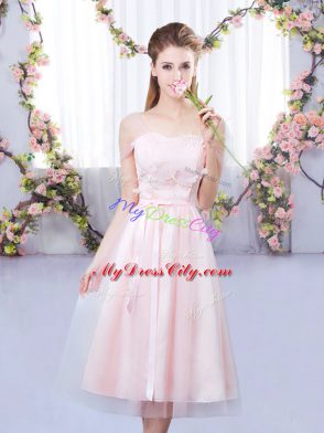 Captivating Short Sleeves Tulle Tea Length Lace Up Quinceanera Court of Honor Dress in Baby Pink with Lace and Belt
