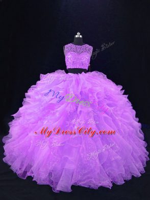 Sleeveless Organza Floor Length Zipper 15th Birthday Dress in Lavender with Beading and Ruffles
