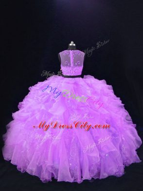 Sleeveless Organza Floor Length Zipper 15th Birthday Dress in Lavender with Beading and Ruffles